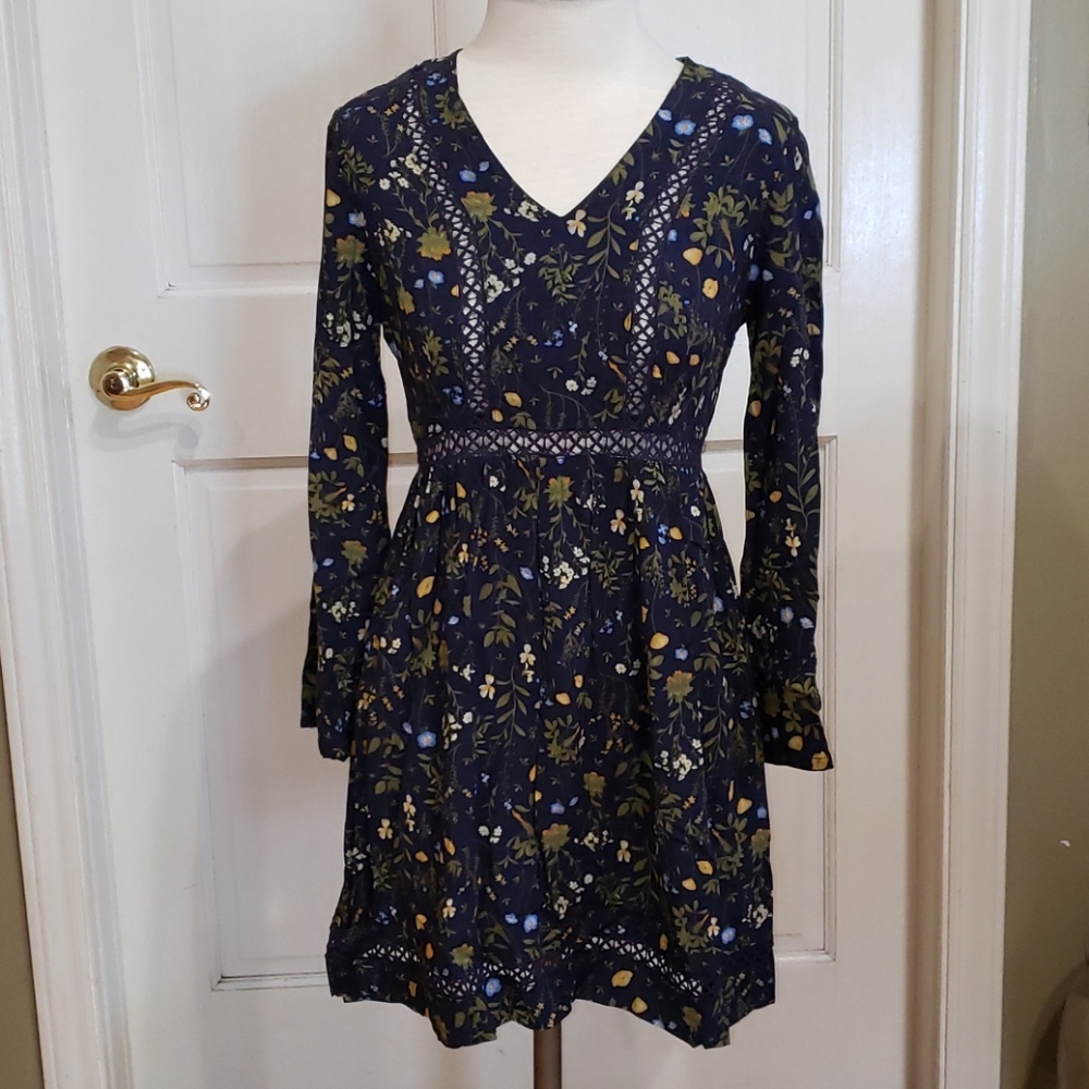 Earthbound Trading Co. Blue and Green Floral Long Sleeve Mini Dress, Size Small